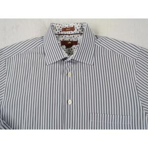 Egara Men's Slim Fit Button Up White Brown & Blue Striped Shirt L
